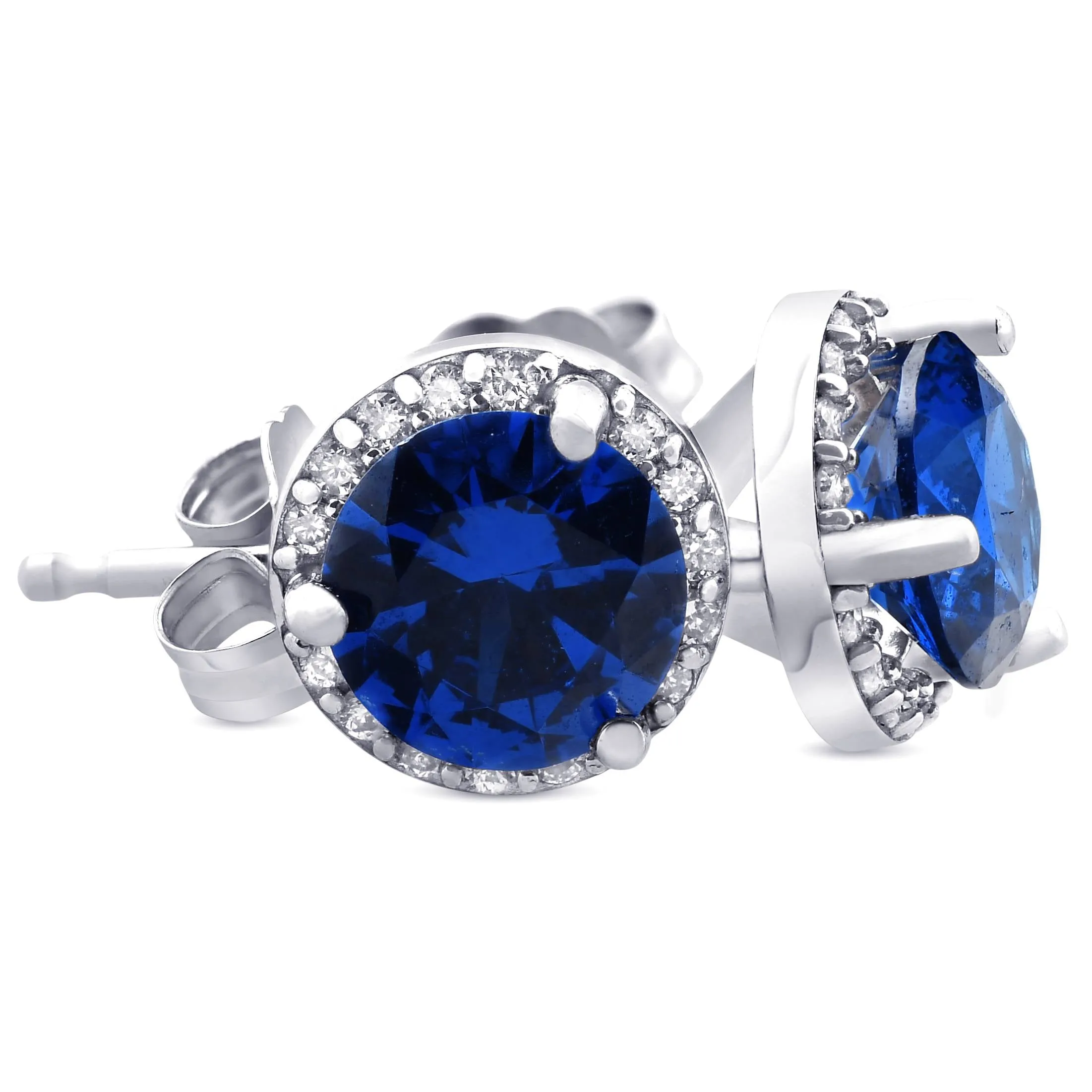 1 Ct Genuine Blue Sapphire & Diamond Halo Studs 10K White Gold Earrings