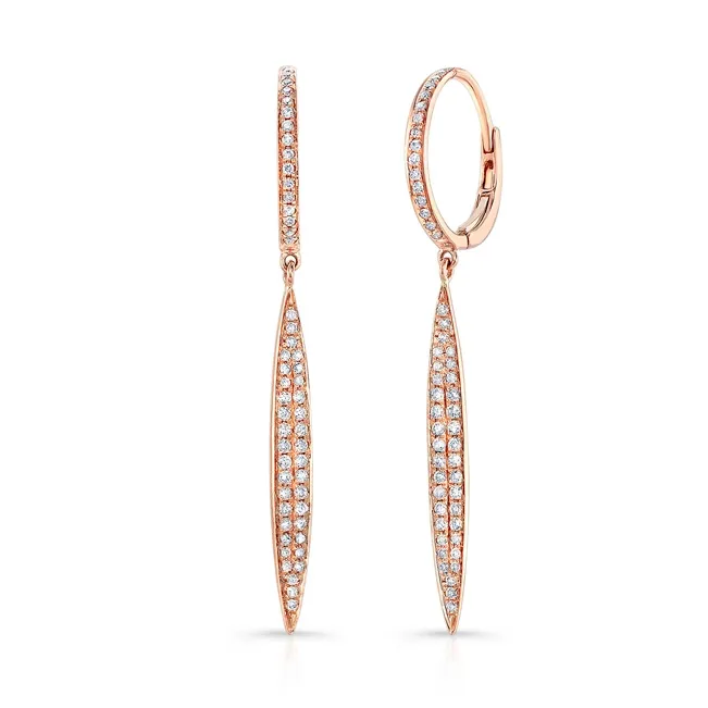 14K Rose Gold Diamond Dangle Earrings, Elongated Marquise Design with Hoop