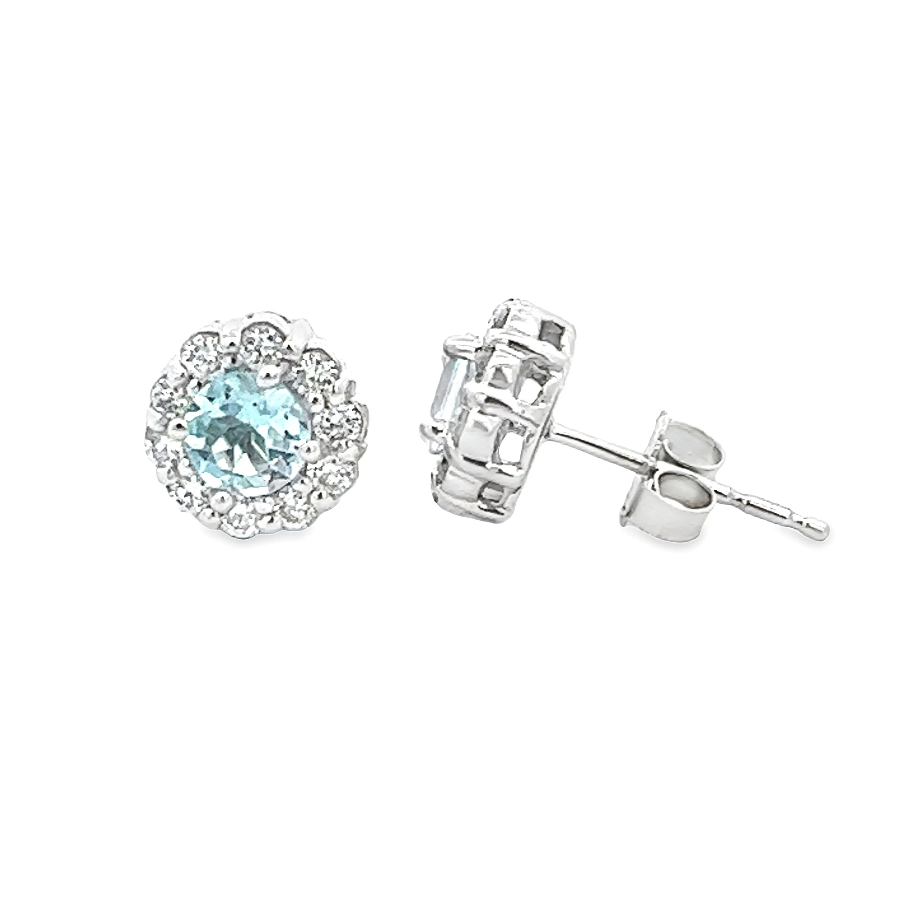 14k White Gold Diamond & Aquamarine Stud Earrings