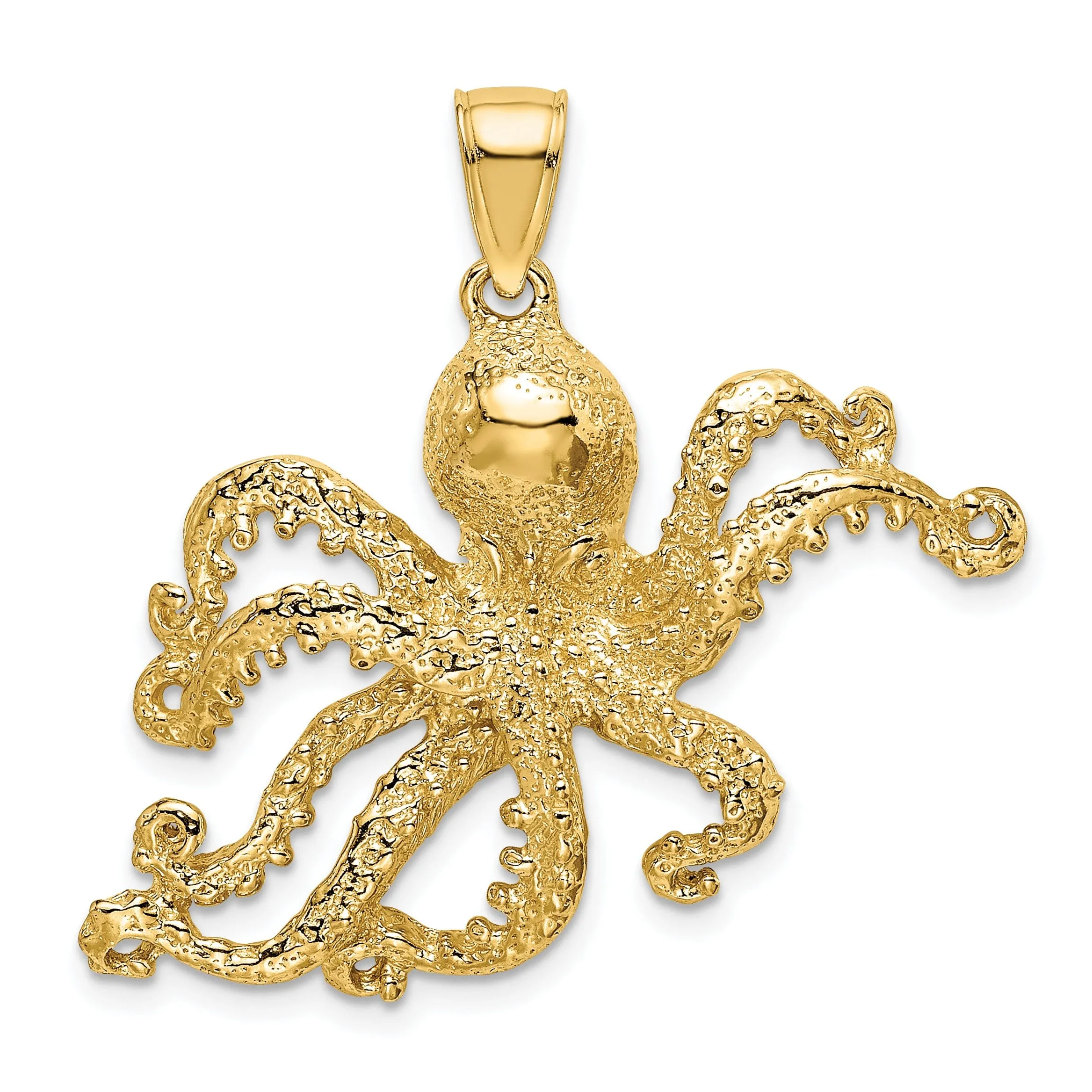 14K Yellow Gold Casted Solid Textured Polished Finish Octopus Charm Pendant