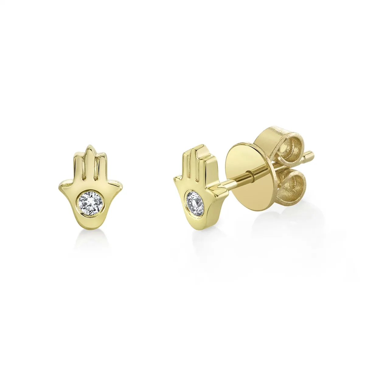 14K Yellow Gold Diamond Hamsa Stud Earrings