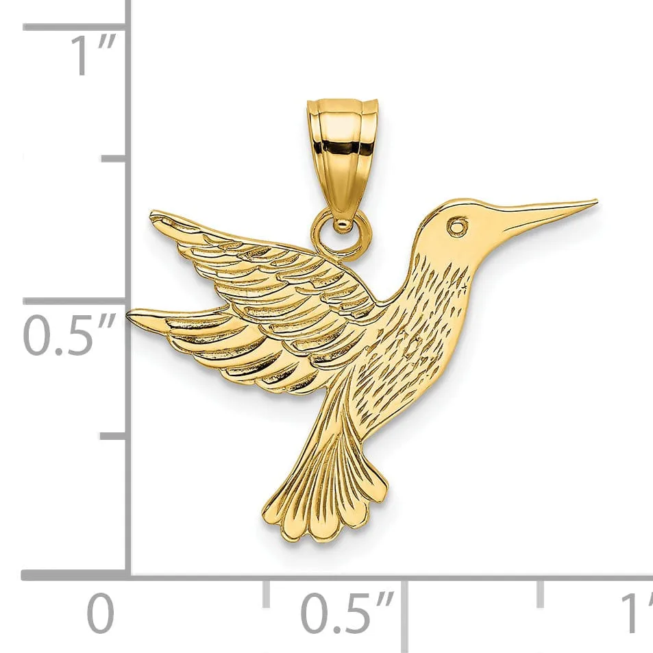 14K Yellow Gold Open Back Textured Polished Finish Flying Hummingbird Charm Pendant