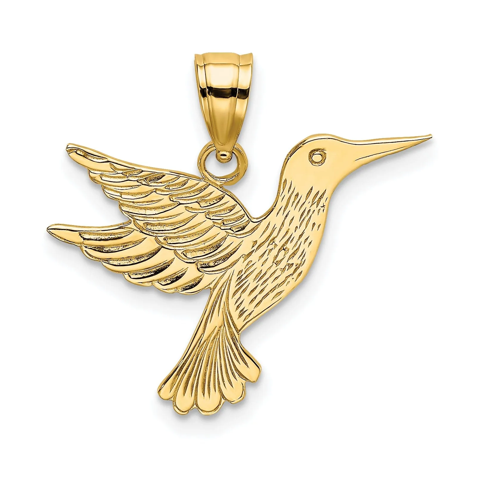 14K Yellow Gold Open Back Textured Polished Finish Flying Hummingbird Charm Pendant