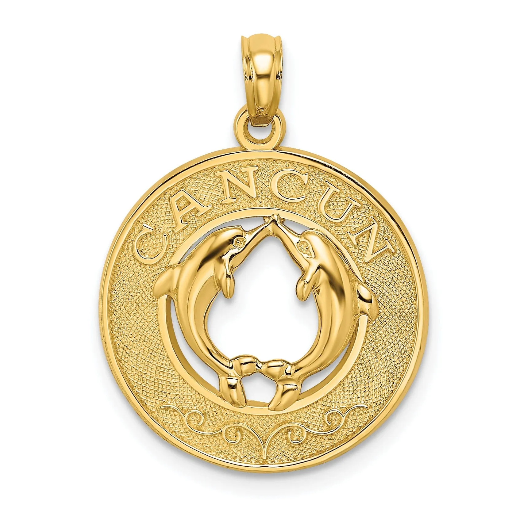 14K Yellow Gold Polished Textured Finish CANCUN Circle Design with Double Dolphins Charm Pendant