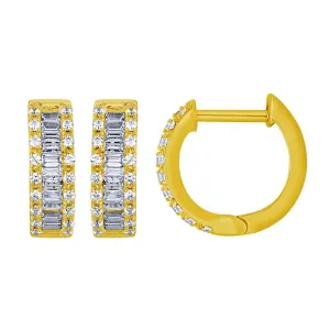 14K Yellow Gold Round and Baguette Diamond Huggie Hoop Earrings