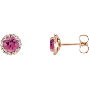 14KT GOLD 1.50 CTW PINK TOURMALINE & 1/6 CTW DIAMOND HALO EARRINGS