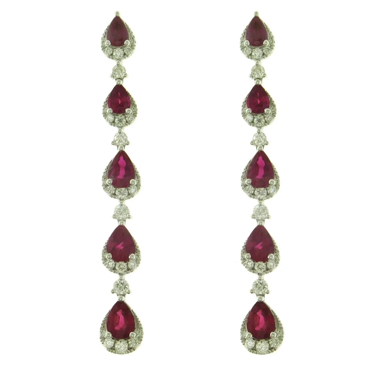 18K White Gold Pear Ruby and Round Diamond Dangle Earrings