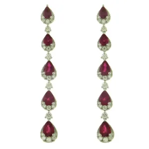 18K White Gold Pear Ruby and Round Diamond Dangle Earrings