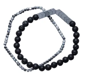 2 Strand Bracelet Set - Silver Chevron   Black Lava Beads