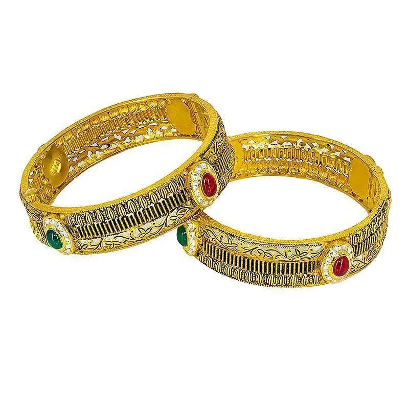 22K yellow Gold antique Bangles set w/ cubic zirconium, ruby, and emerald stones