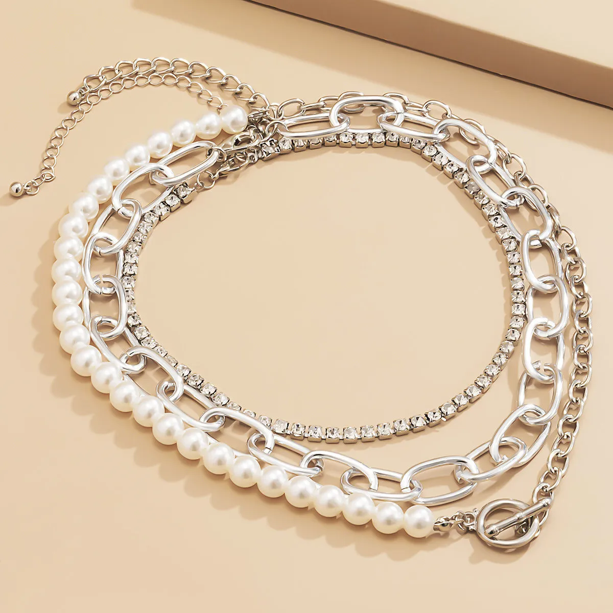 3pcs Vintage Bold Chain Faux Diamond Pearl Set Necklaces For Womene Retro