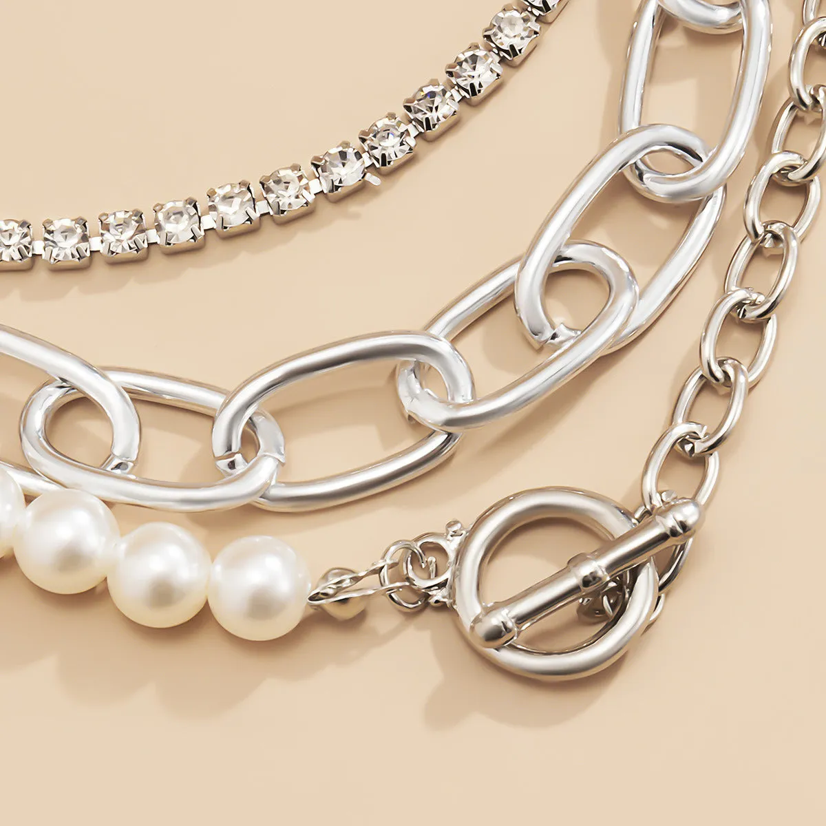 3pcs Vintage Bold Chain Faux Diamond Pearl Set Necklaces For Womene Retro