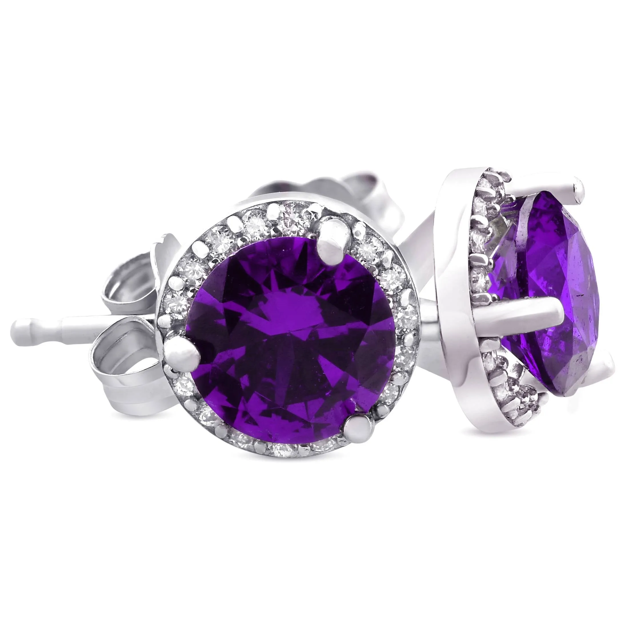 5/8ct Amethyst & Diamond Halo Studs 10K White Gold