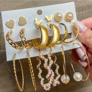 9 Pair Gold Hoop Earrings Set Women Pearl Oversize Metal Circle Punk Earring Female Jewelry