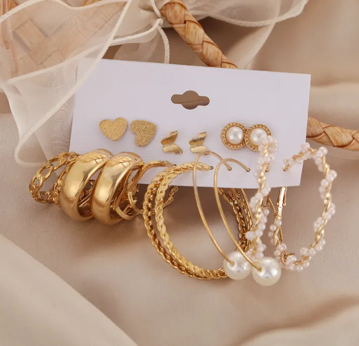 9 Pair Gold Hoop Earrings Set Women Pearl Oversize Metal Circle Punk Earring Female Jewelry