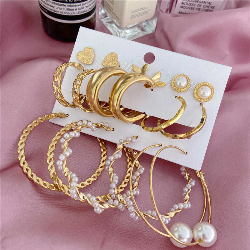 9 Pair Gold Hoop Earrings Set Women Pearl Oversize Metal Circle Punk Earring Female Jewelry