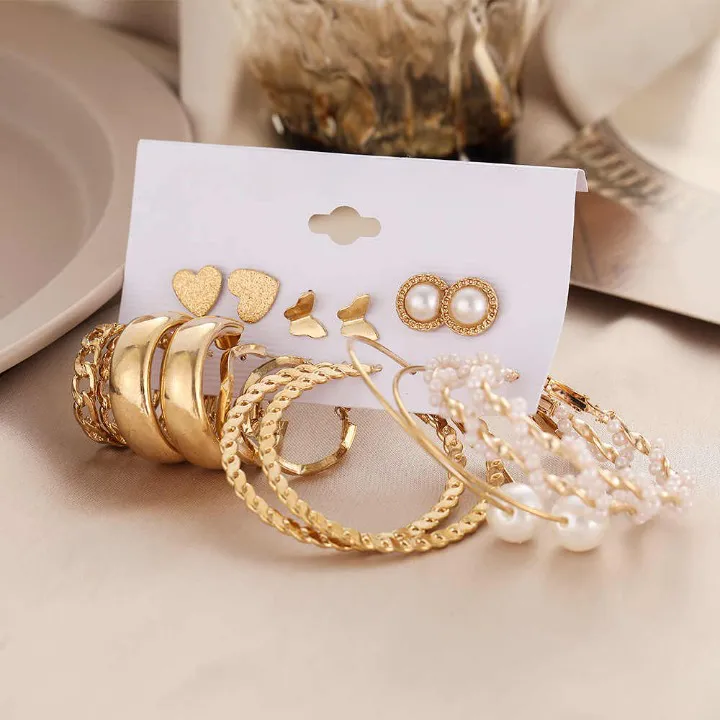 9 Pair Gold Hoop Earrings Set Women Pearl Oversize Metal Circle Punk Earring Female Jewelry