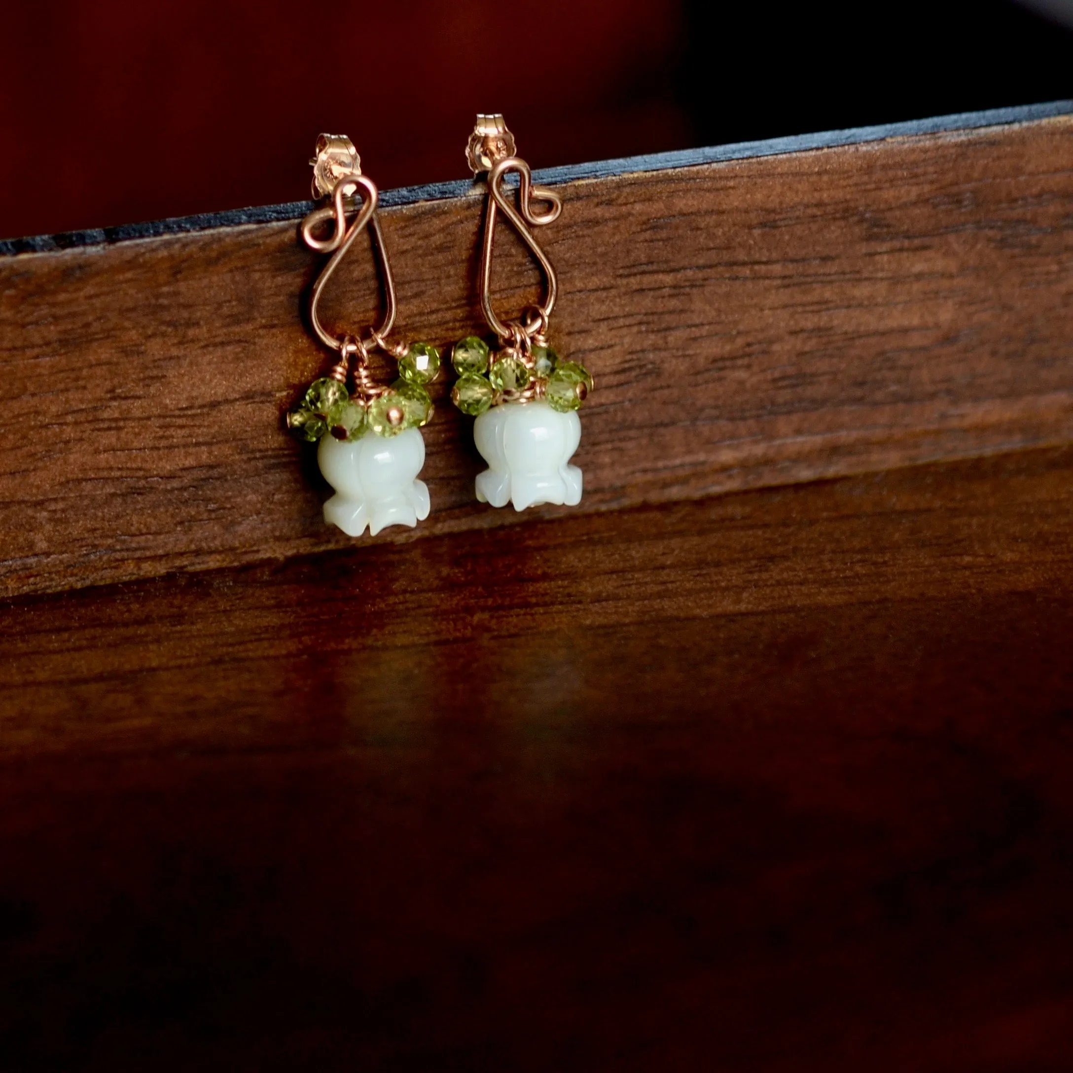 Alhely - Carved Mother of Pearl Flower, Peridots, 14k Rose Gold Filled Earrings