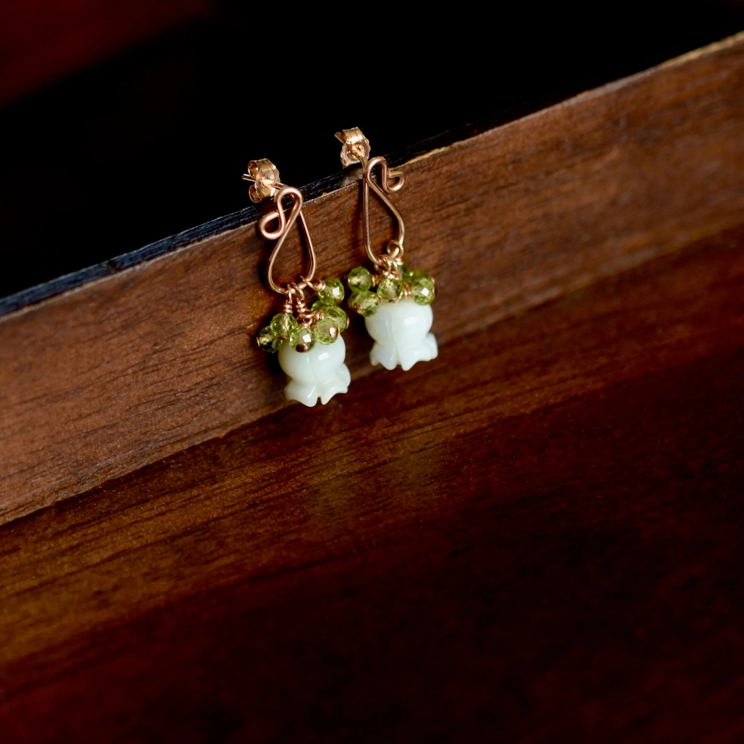 Alhely - Carved Mother of Pearl Flower, Peridots, 14k Rose Gold Filled Earrings