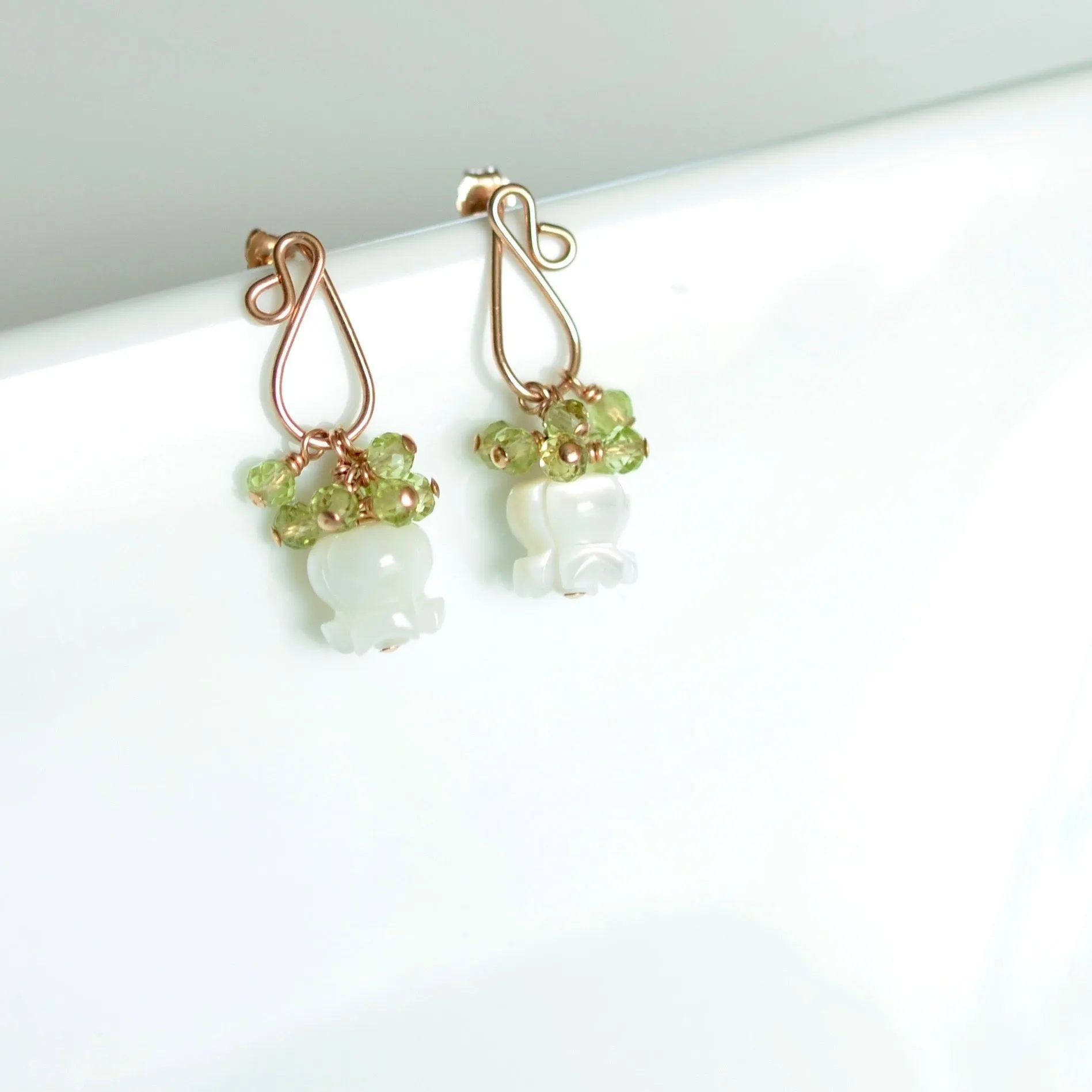 Alhely - Carved Mother of Pearl Flower, Peridots, 14k Rose Gold Filled Earrings