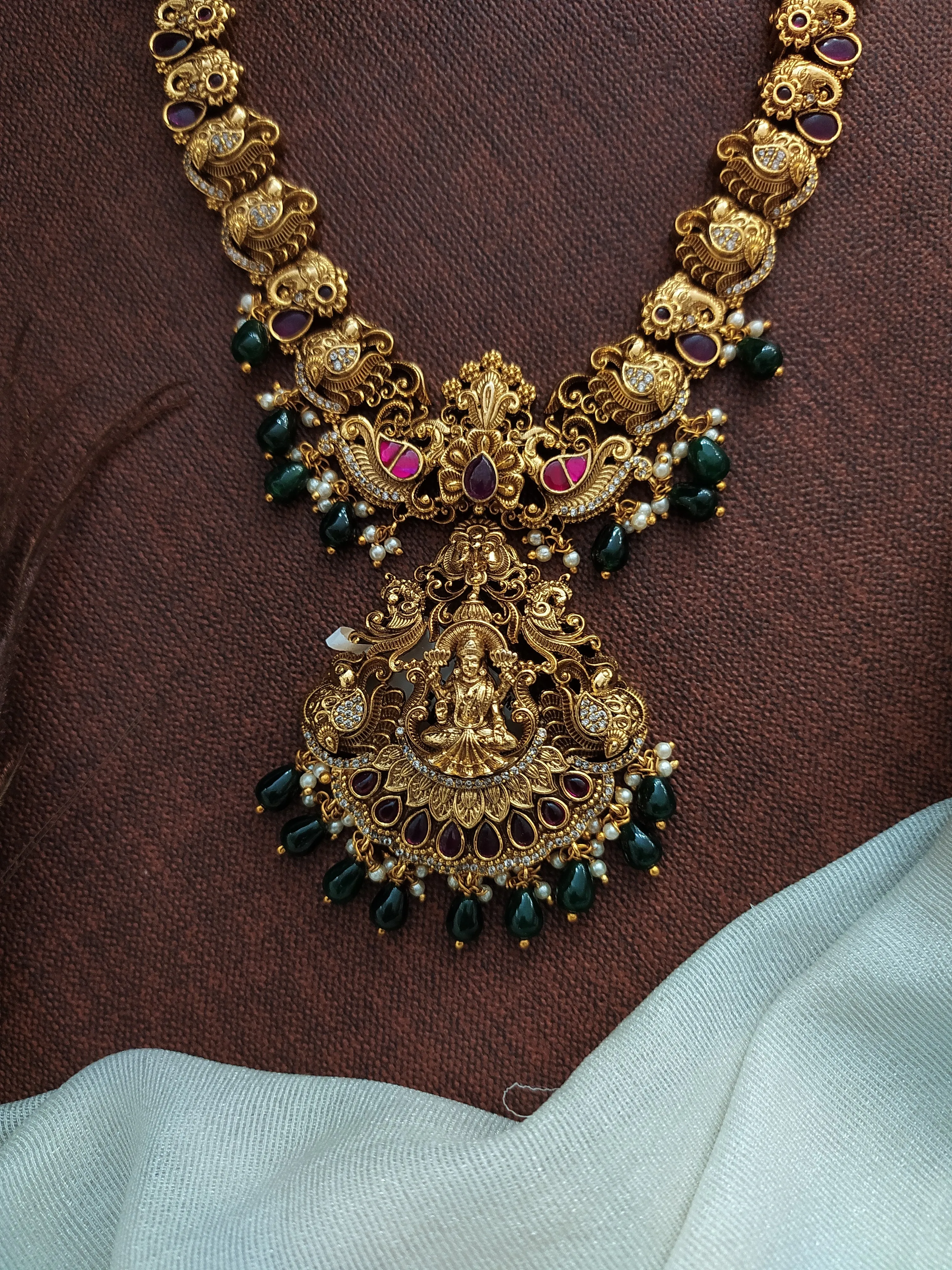 Antique Nakshi/Nagas Work Lakshmi Long Haram Set with Peacock & Lakshmi Intricates