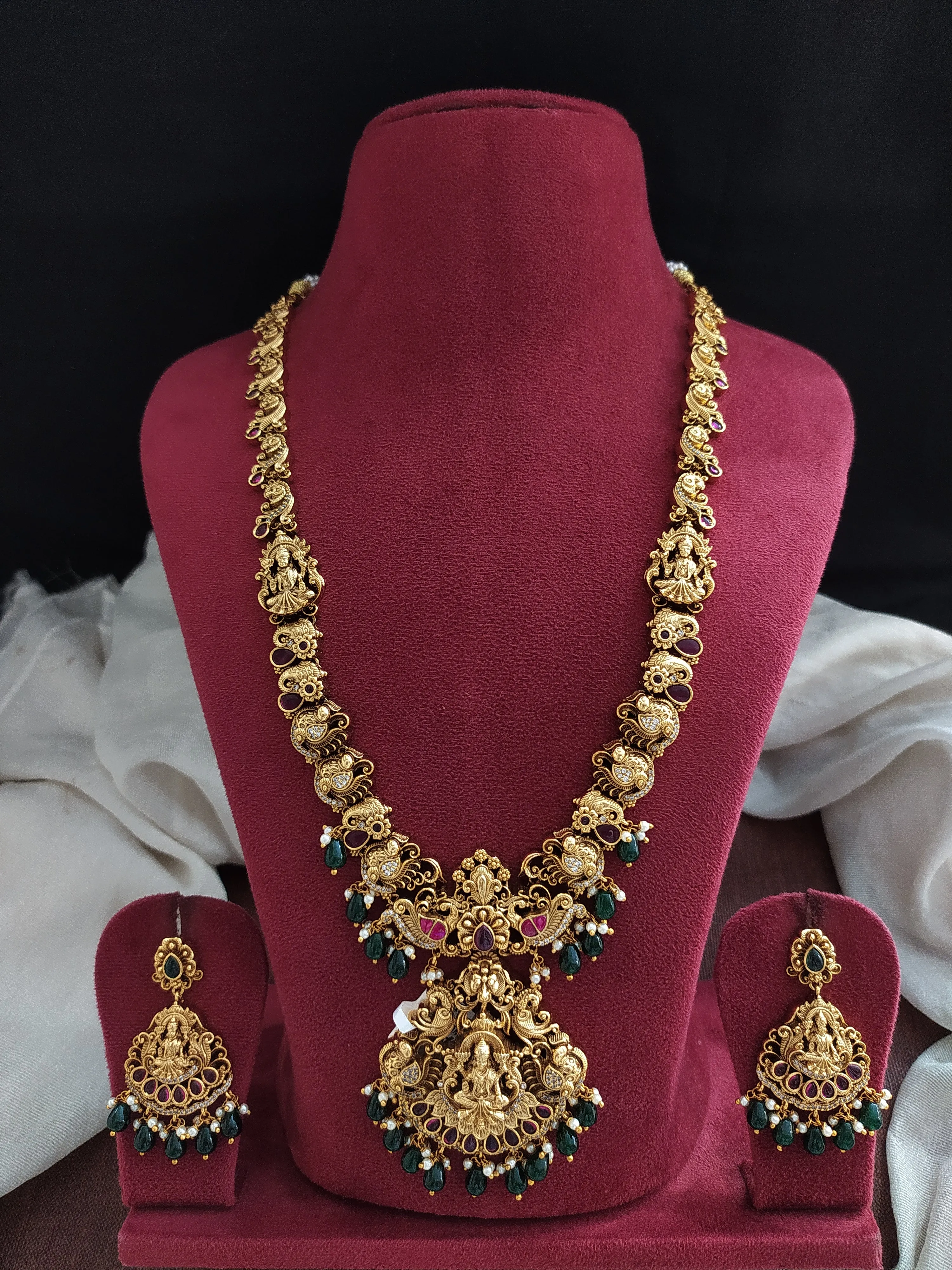 Antique Nakshi/Nagas Work Lakshmi Long Haram Set with Peacock & Lakshmi Intricates