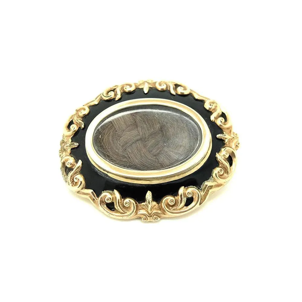 Antique Victorian Black Gold Mourning Hairwork Brooch