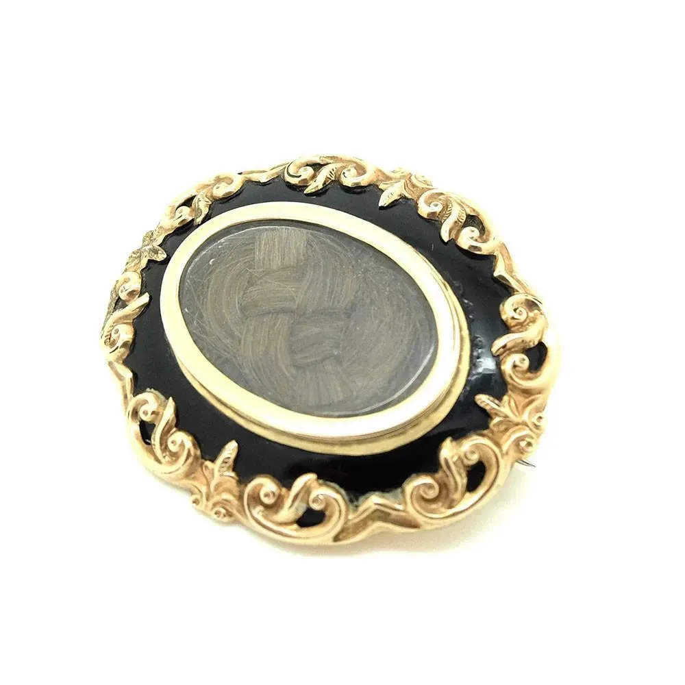 Antique Victorian Black Gold Mourning Hairwork Brooch