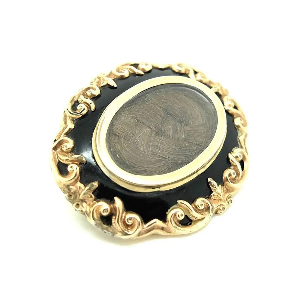 Antique Victorian Black Gold Mourning Hairwork Brooch