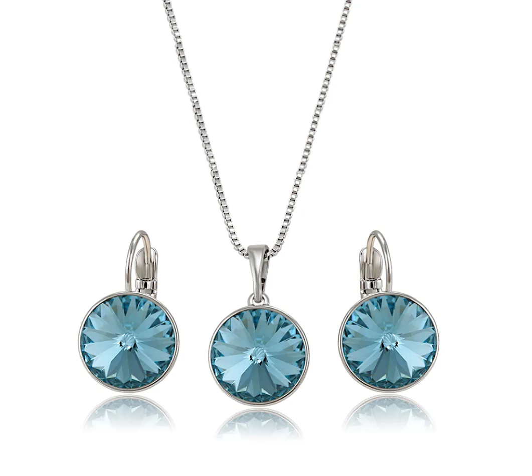 Aqua Swarovski Crystal Rivoli Pendant Necklace With Matching Lever-back Earrings