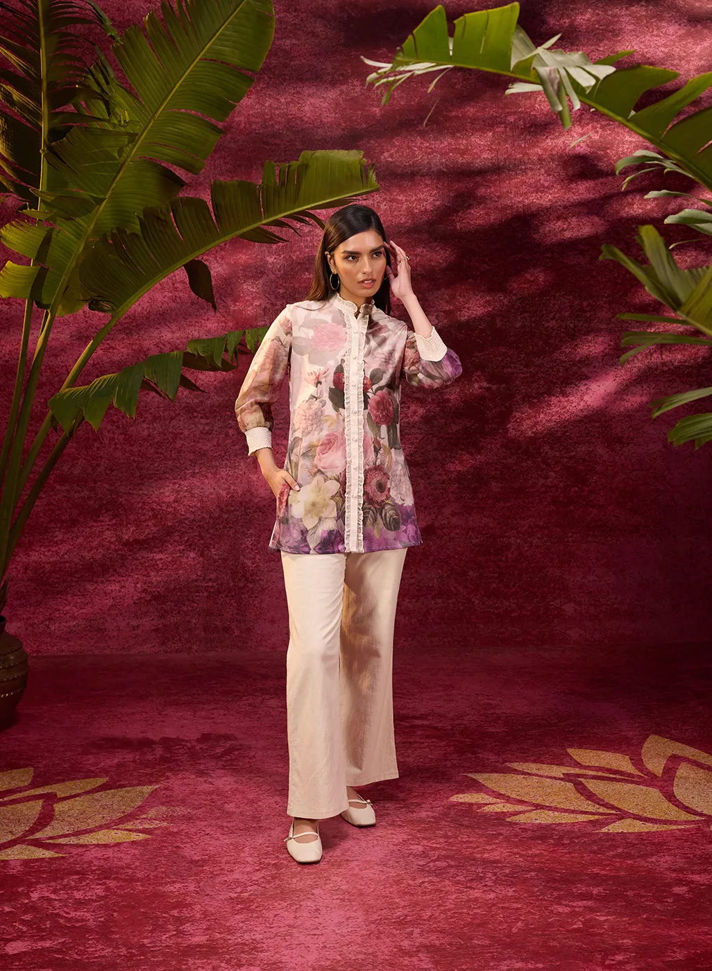 Ayeza Mauve Printed Crepe Shirt for Women