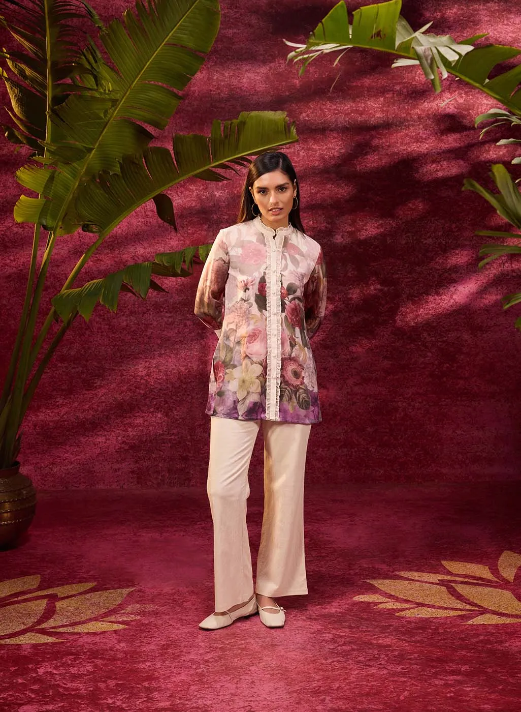 Ayeza Mauve Printed Crepe Shirt for Women