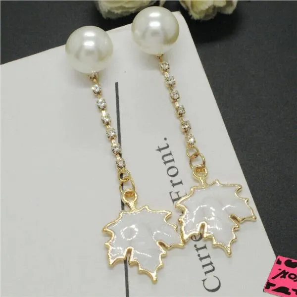 Betsey Johnson White Maple Leaf Faux Pearl Rhinestone Earrings