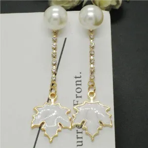 Betsey Johnson White Maple Leaf Faux Pearl Rhinestone Earrings