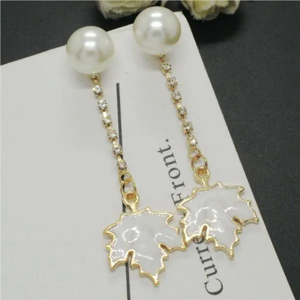 Betsey Johnson White Maple Leaf Faux Pearl Rhinestone Earrings