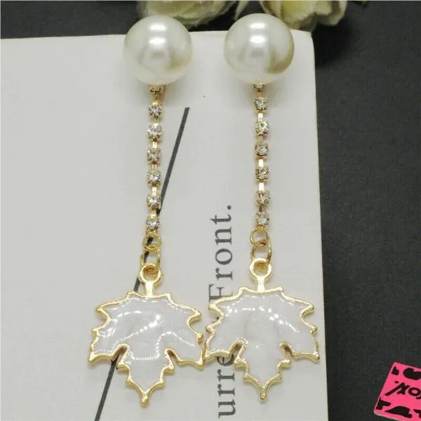 Betsey Johnson White Maple Leaf Faux Pearl Rhinestone Earrings