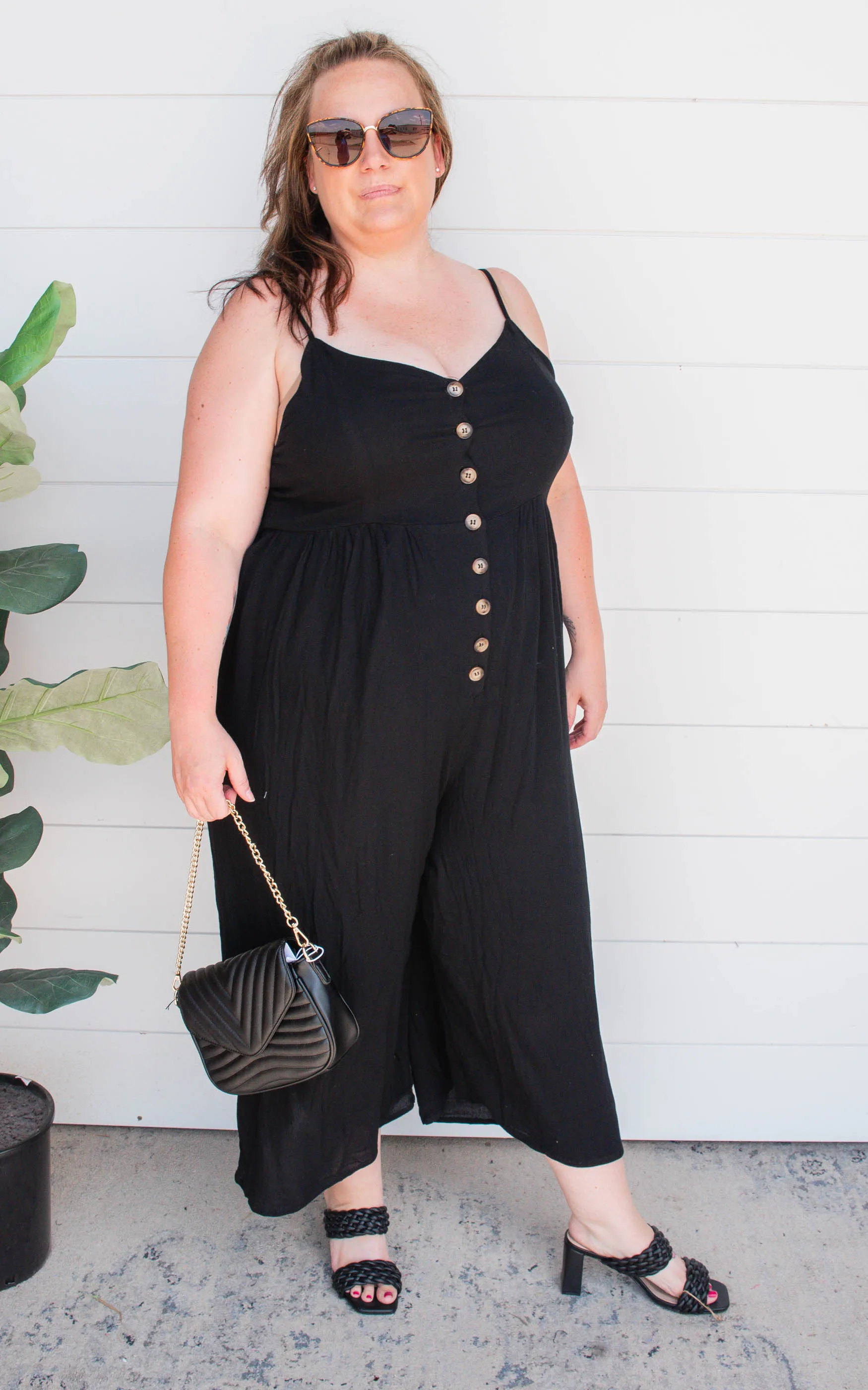 Black Button Down Crepe Jumpsuit - Final Sale