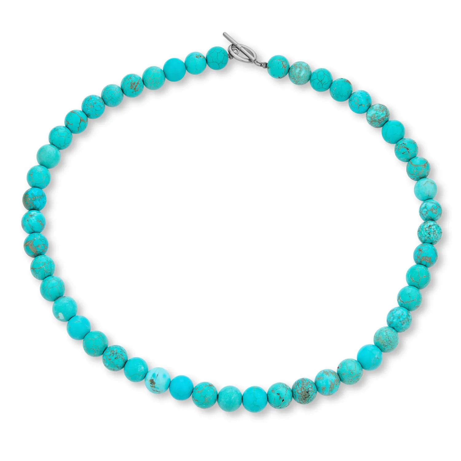 Blue Compressed Turquoise 10MM Bead Strand Necklace with Silver Clasp