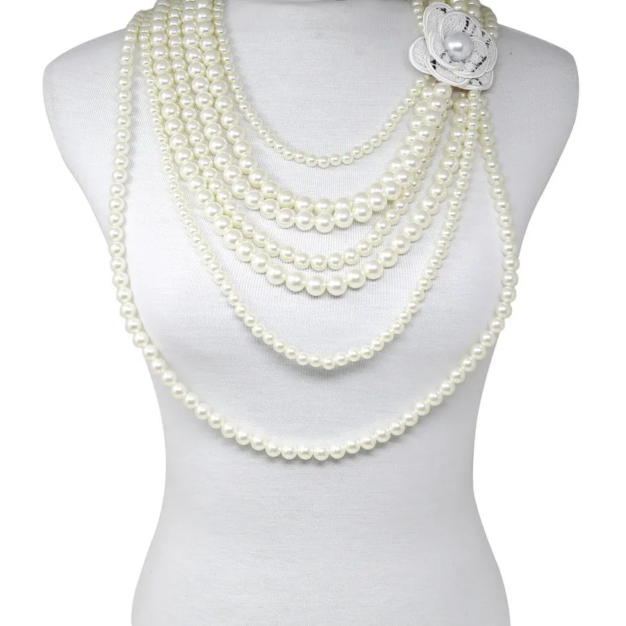 Camellia Flower Long Layered Pearl Necklace