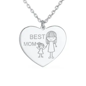 Cartoon Mother Daughter Heart Pendant Necklace Sterling Silver Inspirational