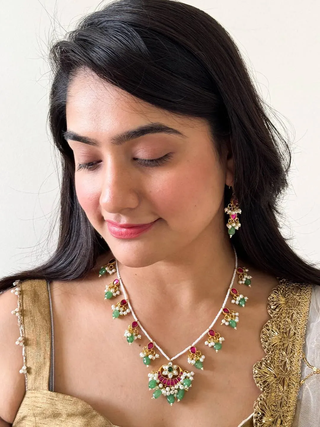 Chand Shaped Jadau Necklace With Earrings