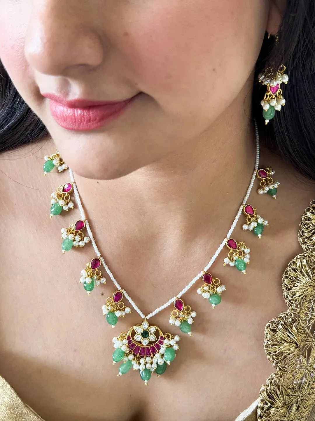 Chand Shaped Jadau Necklace With Earrings