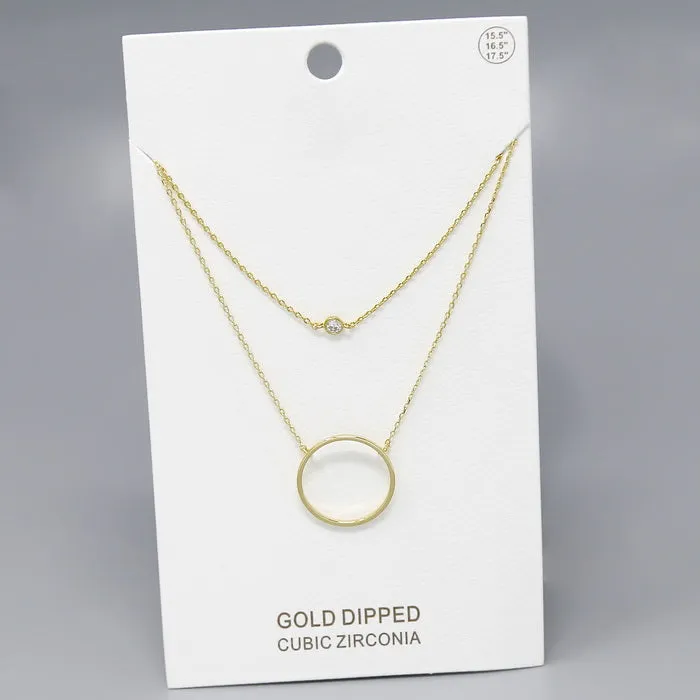 Circle And CZ Stone Pendant Gold Dipped Layered Chain Necklace