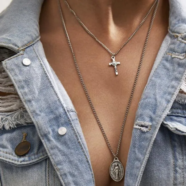 Cross and Mary Pendant on 2-Layer Chain Link Necklace