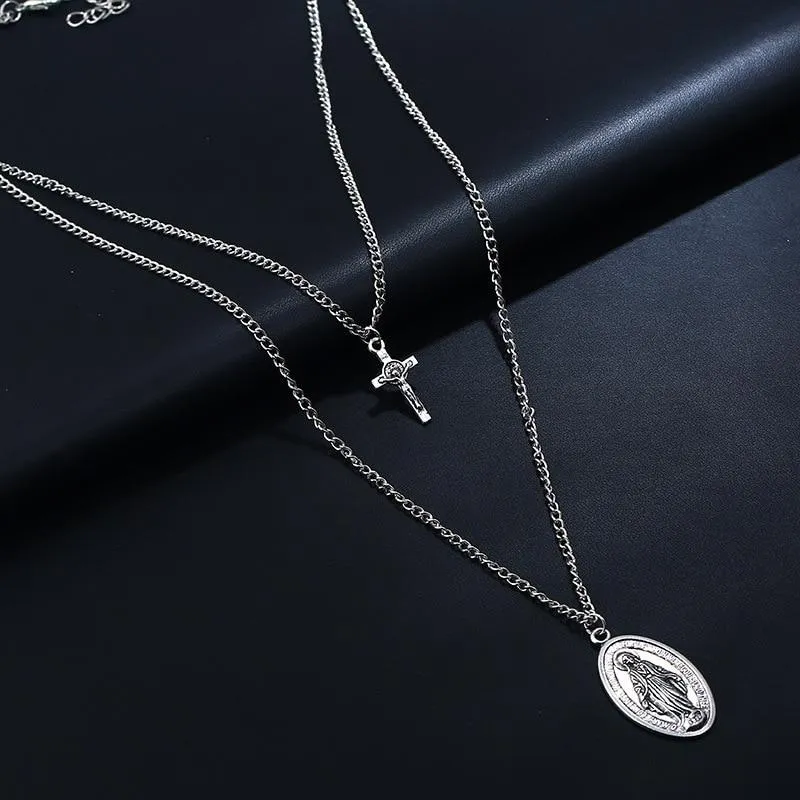 Cross and Mary Pendant on 2-Layer Chain Link Necklace