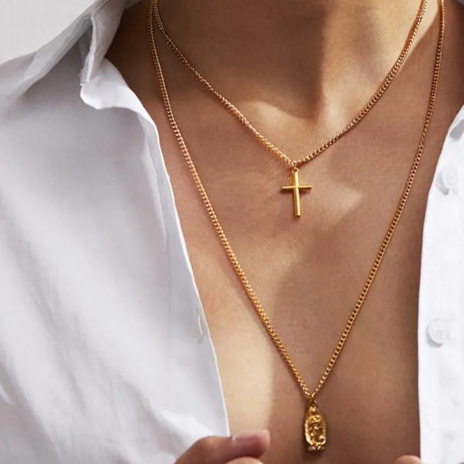 Cross and Mary Pendant on 2-Layer Chain Link Necklace