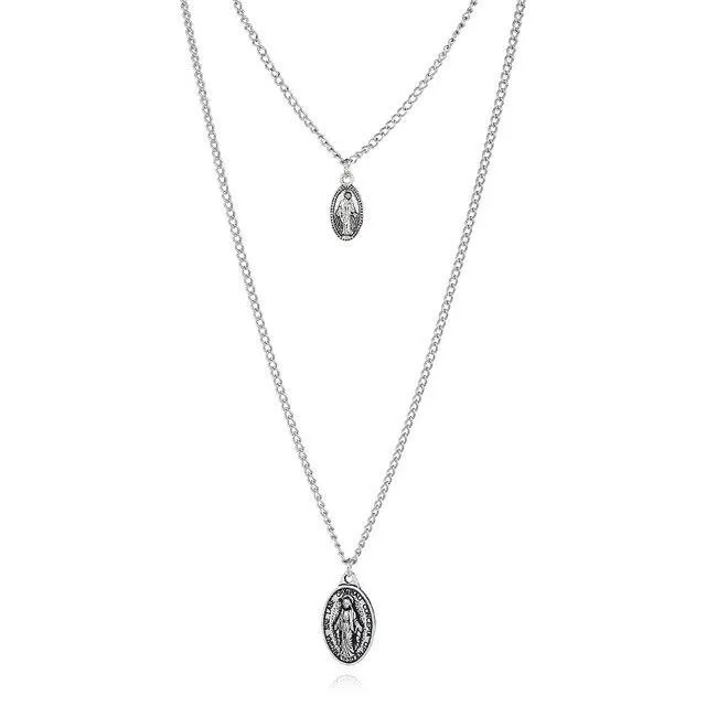 Cross and Mary Pendant on 2-Layer Chain Link Necklace