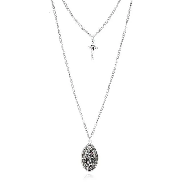 Cross and Mary Pendant on 2-Layer Chain Link Necklace