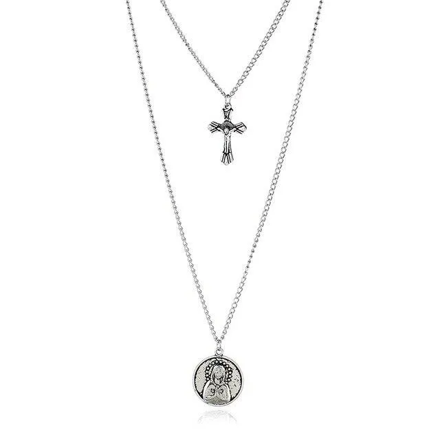 Cross and Mary Pendant on 2-Layer Chain Link Necklace