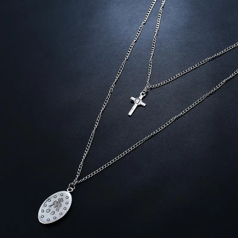 Cross and Mary Pendant on 2-Layer Chain Link Necklace